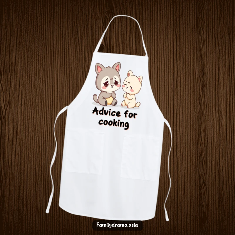 Funny apron featuring a worried animal character receiving gentle advice, perfect for home cooks.