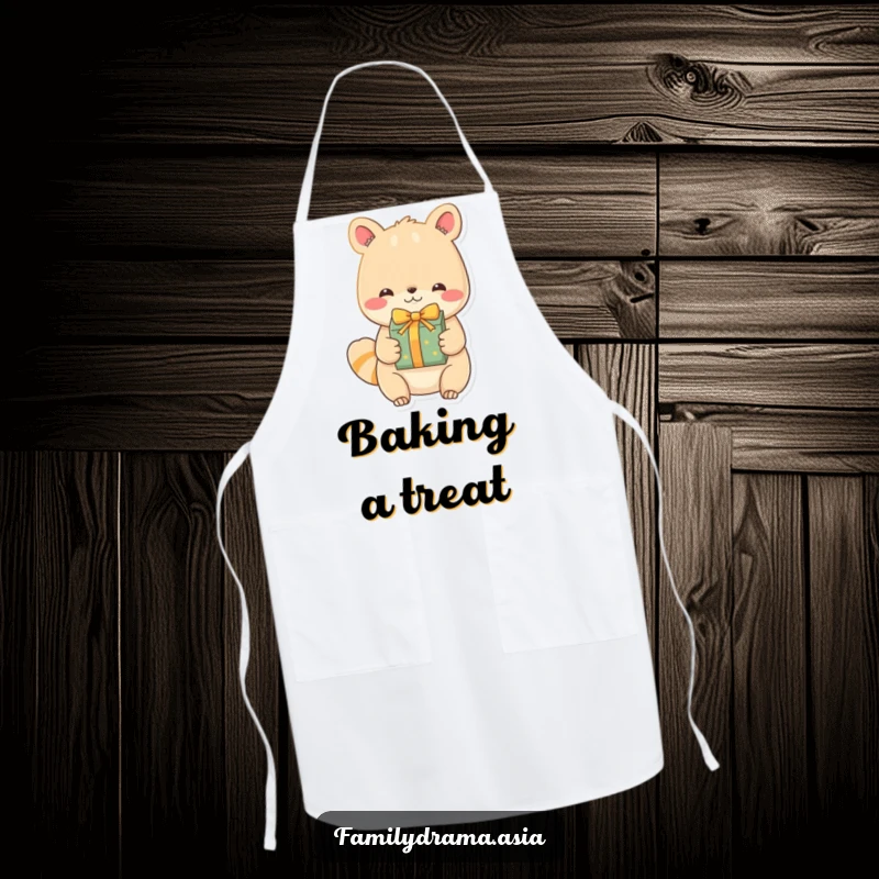 Funny Animal Apron, a humorous kitchen garment featuring an endearing character exchanging a beautifully wrapped gift, bringing cheer to cooking.