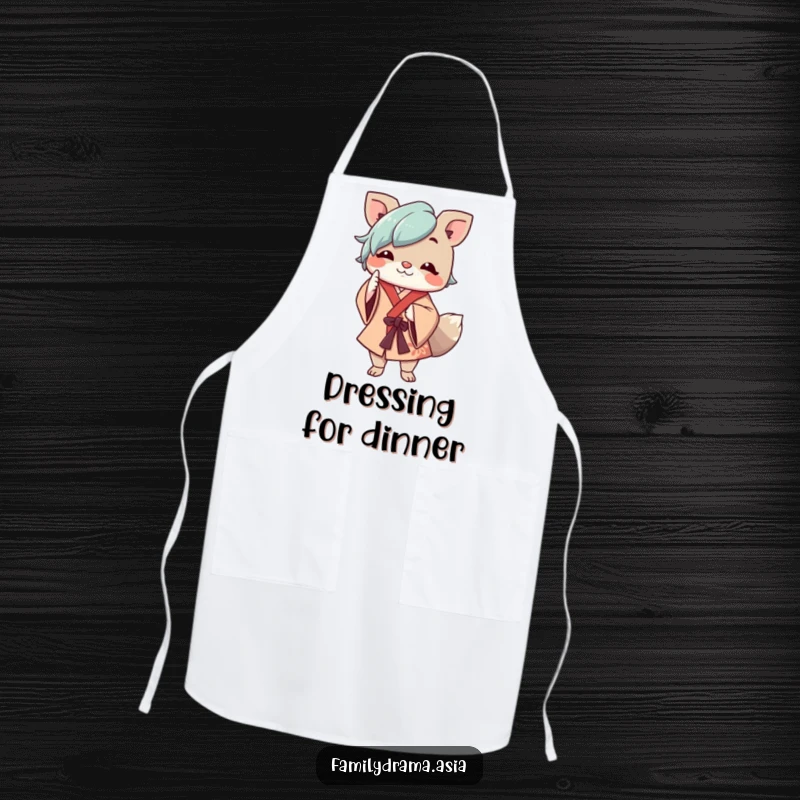 Funny apron showing a cheerful animal character in flowing robes respectfully nodding, ready to serve with grace.