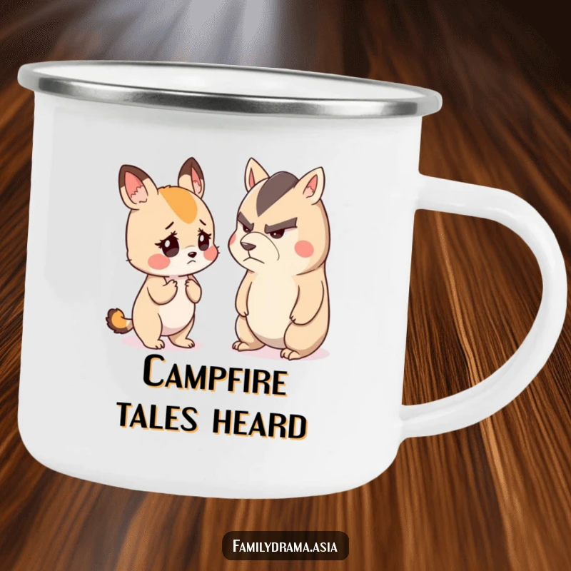 Funny camping mug showing a small, cute animal looking worried while listening to a stern-faced animal, perfect for outdoor humor.