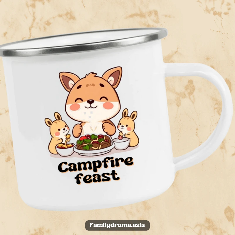 Funny camping mug with a happy animal character sharing a meal with others, perfect for outdoor dining.