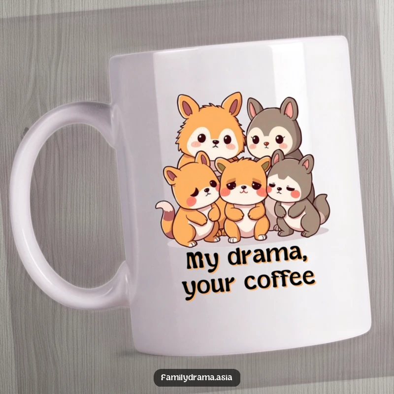 Funny mug featuring stylized animals looking concerned and awkward during a mild disagreement, perfect for gifting.