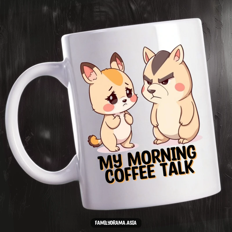 Funny mug featuring a small, cute animal with a worried expression listening intently to another animal with a stern, serious face, capturing a humorous moment.