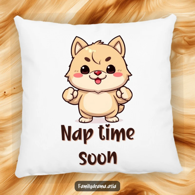 Funny soft pillow with a determined fuzzy animal, its tiny fists clenched, perfect for humorous home decor.