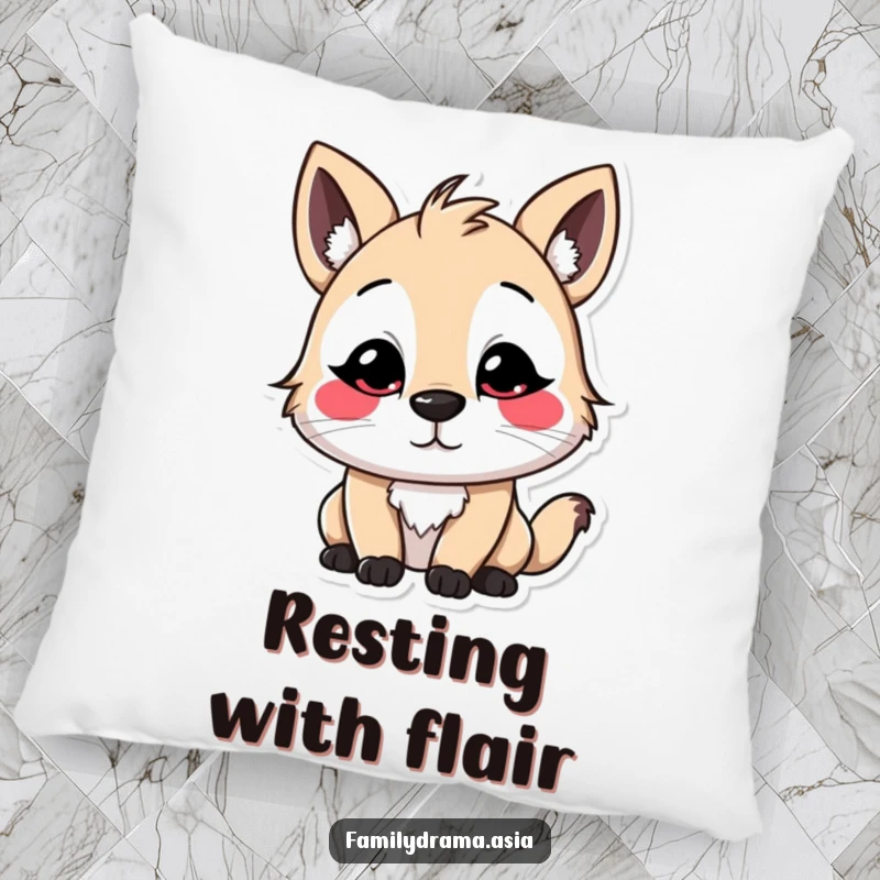 Funny Stylized Character Pillow, a soft cushion depicting a character with exaggerated, colorful facial markings performing a slight, polite bow, adding whimsical comfort.