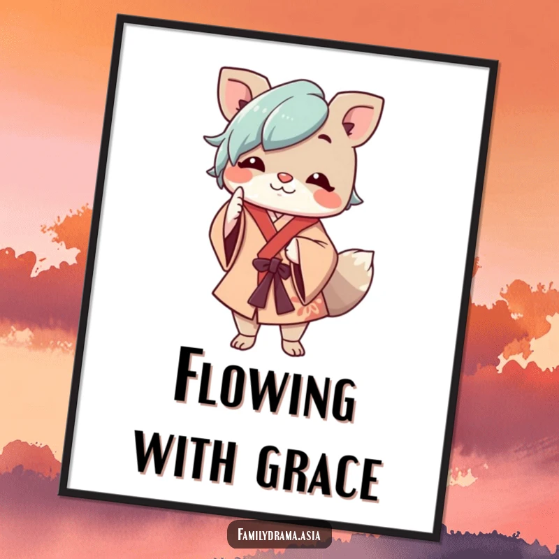 Funny digital art print of a cheerful animal character in flowing robes respectfully nodding, radiating warmth and politeness.