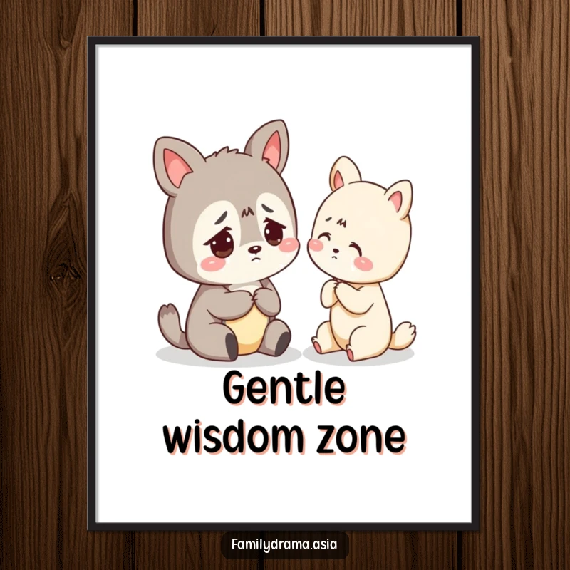 Funny digital art print of a worried animal character receiving gentle advice, conveying support and kindness.