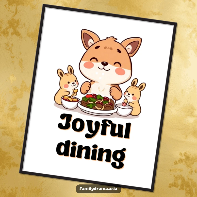 Funny digital art print of a happy animal character sharing a meal with others, celebrating friendship and food.
