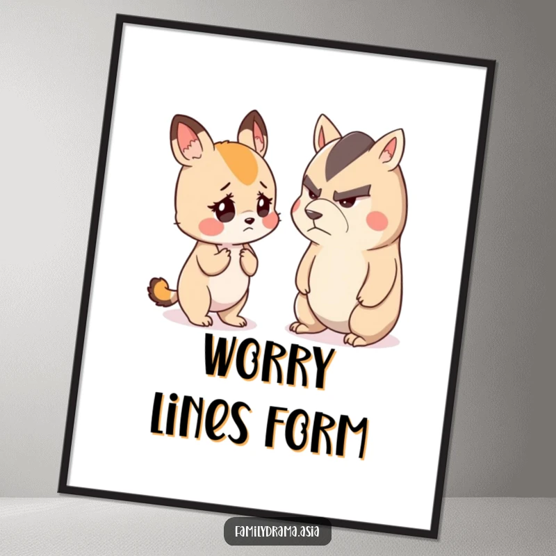Funny digital art print of a small, cute animal looking worried while listening to a stern-faced animal, capturing relatable humor.