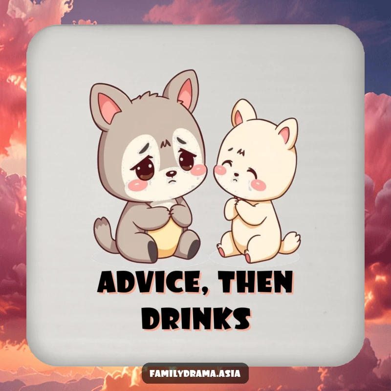 Funny coasters featuring a worried animal character receiving gentle advice, protecting surfaces with humor.