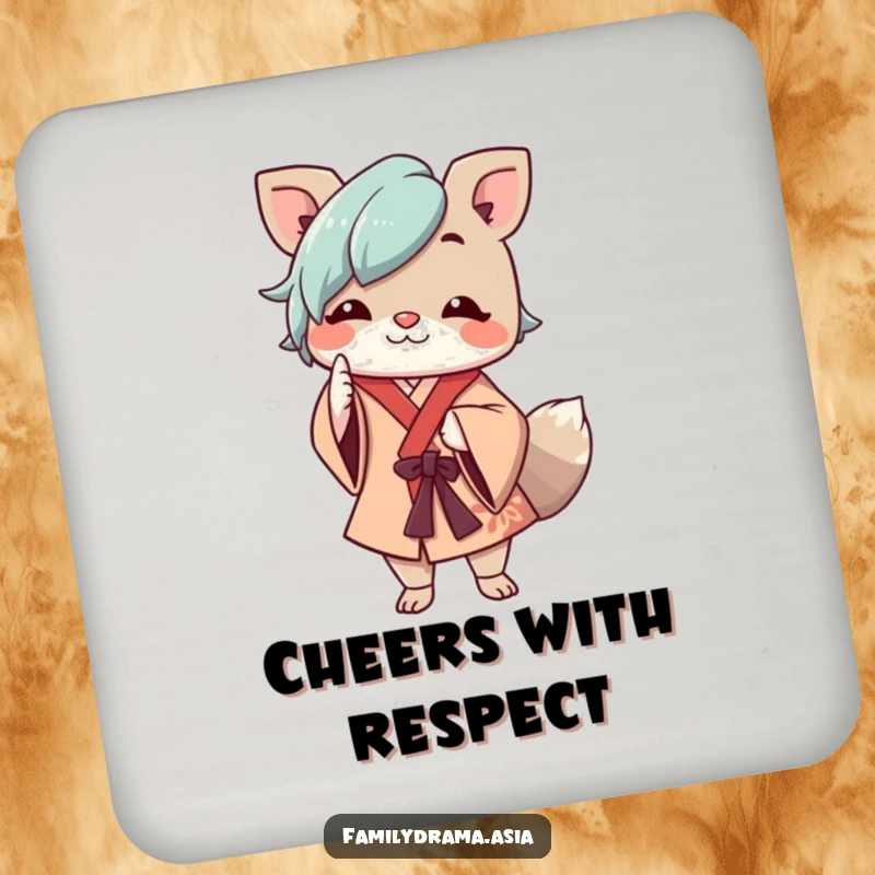 Funny drink coaster with a cheerful animal character in flowing robes respectfully nodding, adding a charming accent to your table.