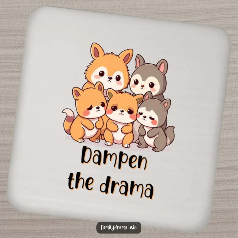 Funny coasters featuring stylized animals looking concerned about a mild disagreement, protecting surfaces humorously.