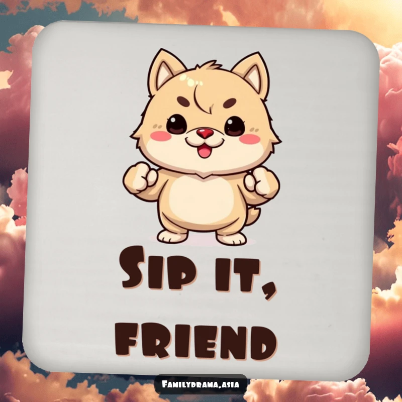 Funny drink coaster with a determined fuzzy animal, fists clenched, protecting surfaces with humor.