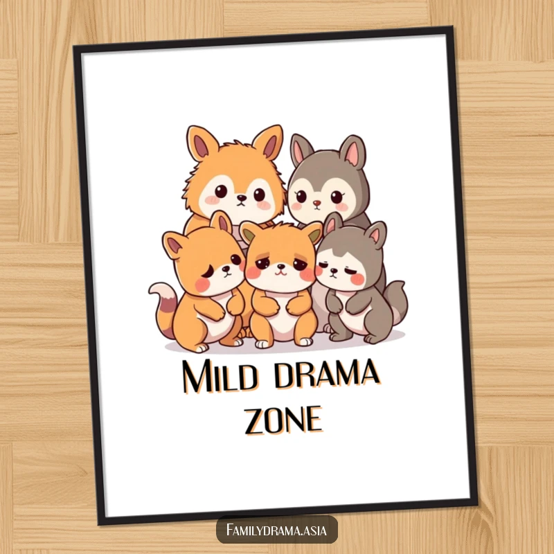 Funny poster art of stylized animals showing concern over a mild disagreement, adding quirky humor to decor.