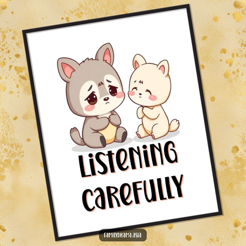 Funny poster art depicting a worried animal character receiving gentle advice, conveying a message of support.