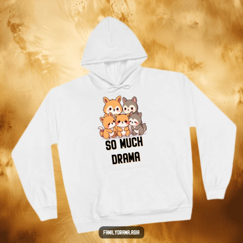 Funny hoodie with a stylized animal group exhibiting comical concern about a mild disagreement, perfect for cozy humor.