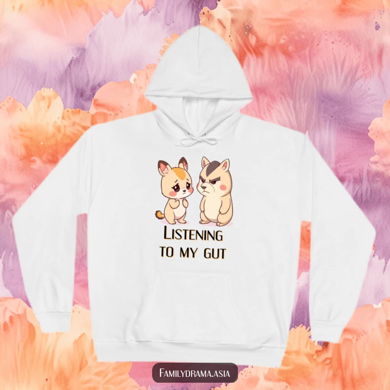 Funny hoodie illustrating a small, cute animal with a worried expression listening intently to a stern-faced animal, perfect for cozy, humorous moments.