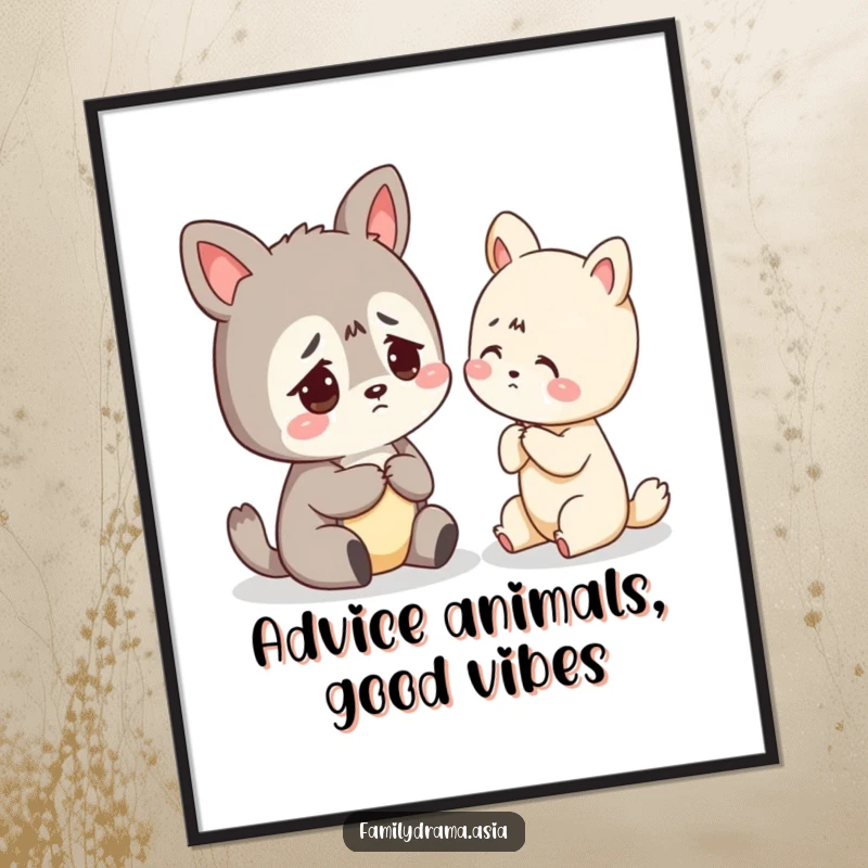 Funny Free Printable Wall Art depicting a worried animal receiving gentle advice, adding a touch of humor to decor.