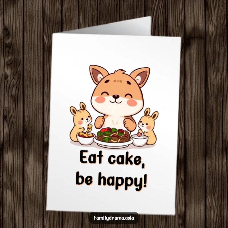 Funny Free Printable Birthday Card: a happy animal shares a meal, symbolizing friendship and celebration, a delightful DIY gift.
