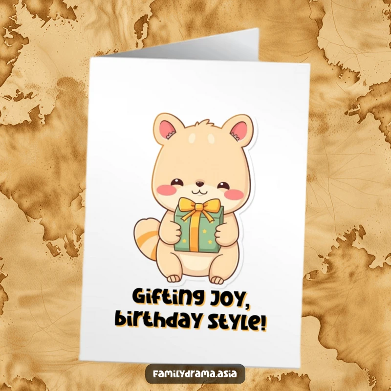 Funny Free Printable Birthday Card: An endearing character exchanging a beautifully wrapped gift, perfect for birthdays.