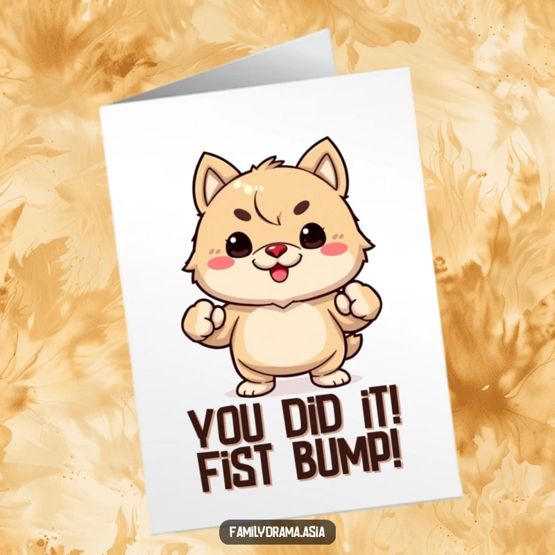 Funny Free Printable Congratulations Card showing a joyful fuzzy animal triumphantly pumping its fist in celebration.