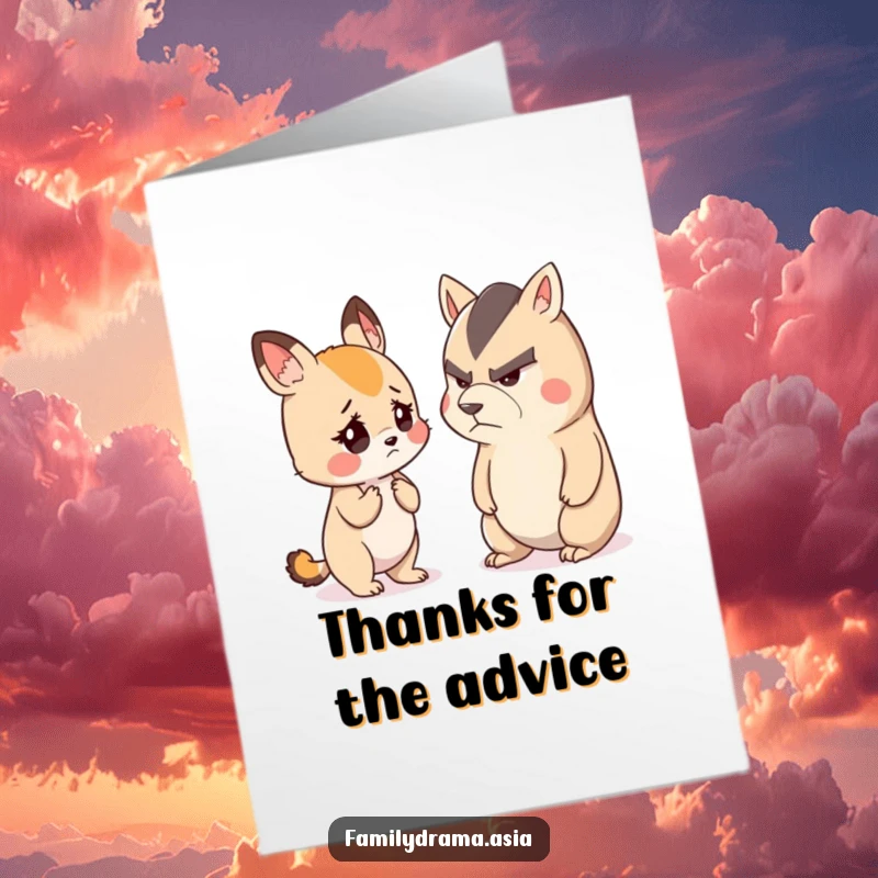 Funny Free Printable Thank You Card: A cute animal looks worried while listening to a stern-faced animal, conveying thoughtful thanks.