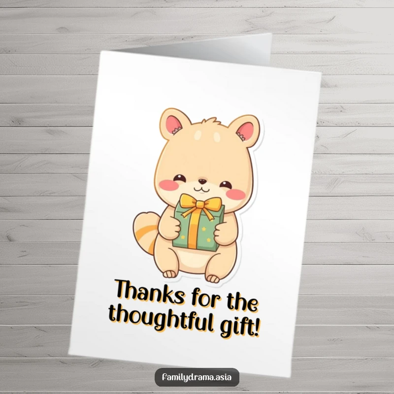 Funny Free Printable Thank You Card: Character with a sweet expression giving a beautifully wrapped gift, unique thanks.