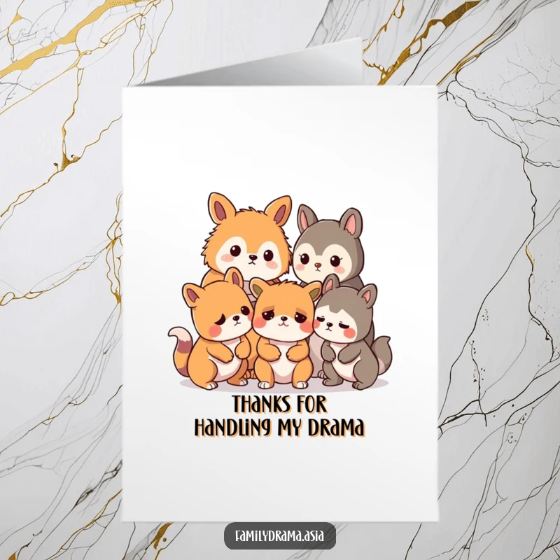 Funny Free Printable Thank You Card depicting stylized animals in mild concern over a small issue, a great DIY gift.