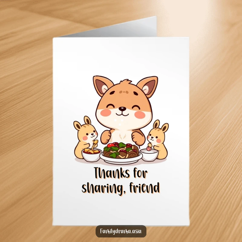 Funny Free Printable Thank You Card depicting a happy animal sharing a meal, a symbol of connection and gratitude, a charming DIY gift.