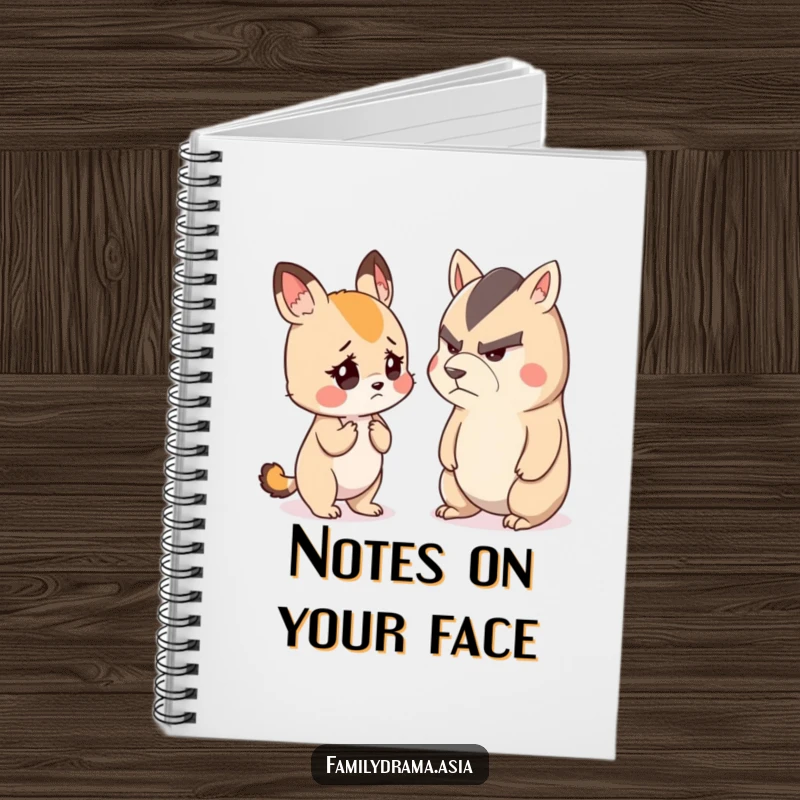 Funny notebook cover with a small, cute animal looking worried while listening to a stern-faced animal, inspiring relatable thoughts.