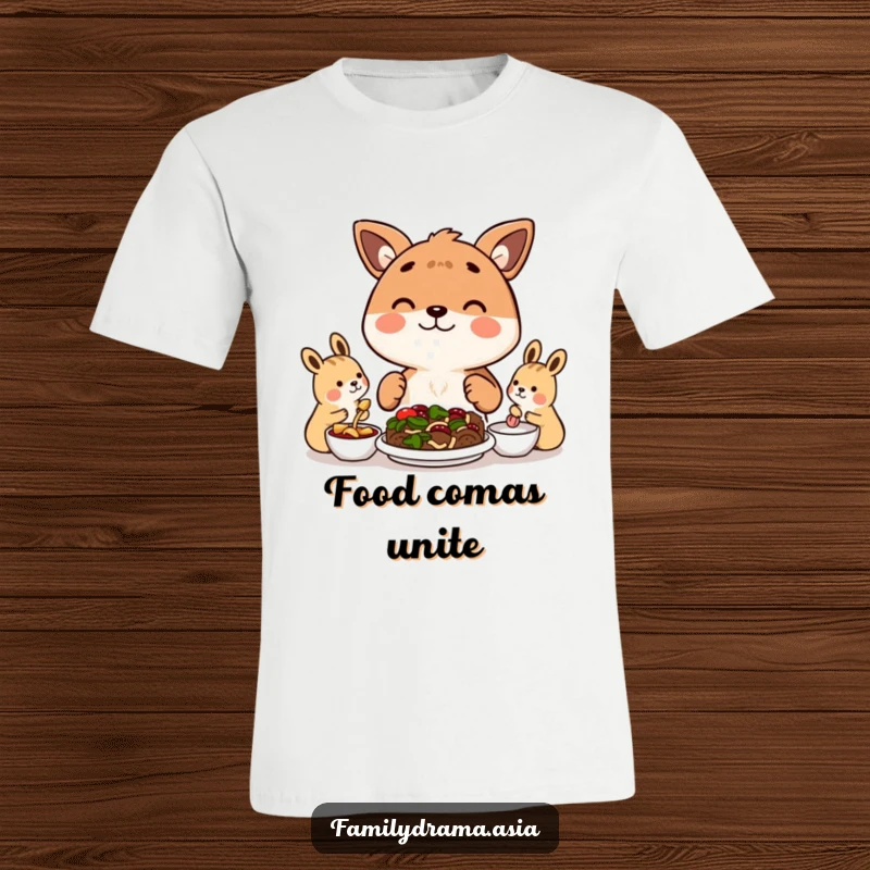 Funny t-shirt featuring a happy animal character sharing a meal with others, radiating joy and good cheer.