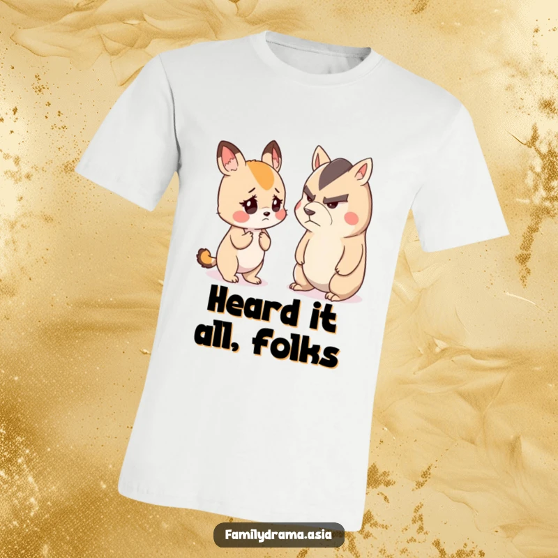 Funny t-shirt showing a small, cute animal looking worried while listening to a stern-faced animal, perfect for fans of animal antics.