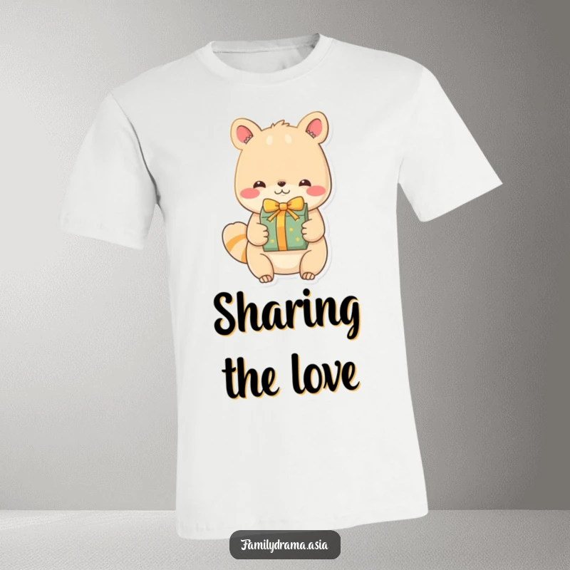 Funny Animal T-Shirt, a charming graphic of an endearing character with a happy expression giving a beautifully wrapped gift, celebrating generosity.