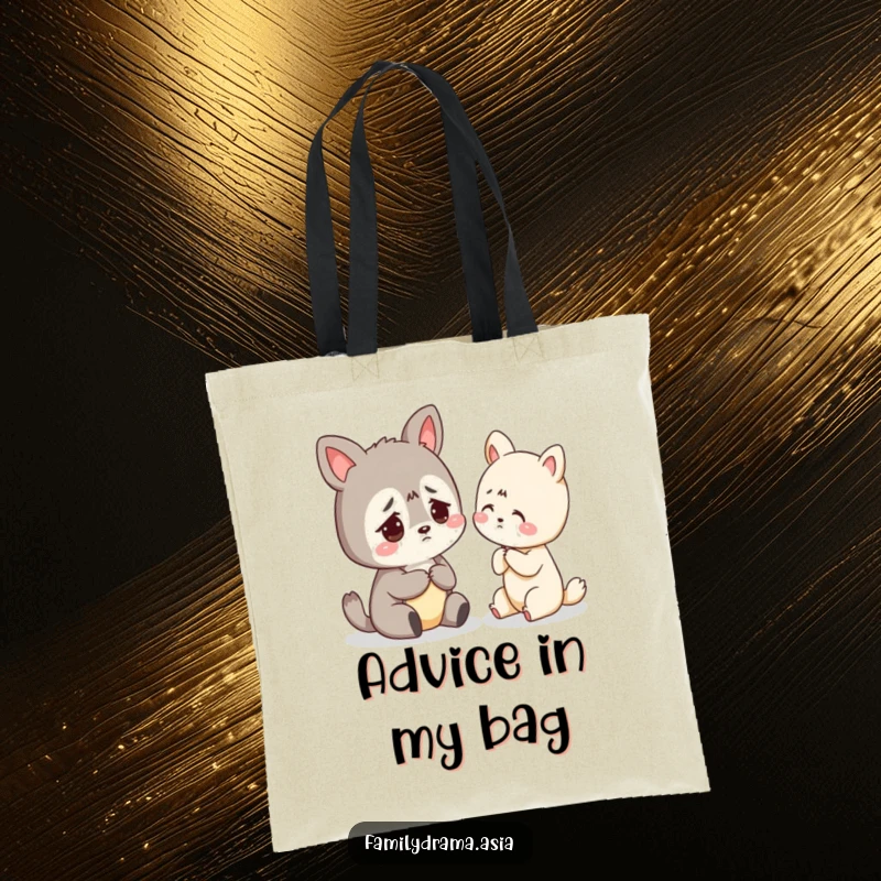 Funny tote bag with a worried animal character receiving gentle advice, suitable for carrying essentials humorously.