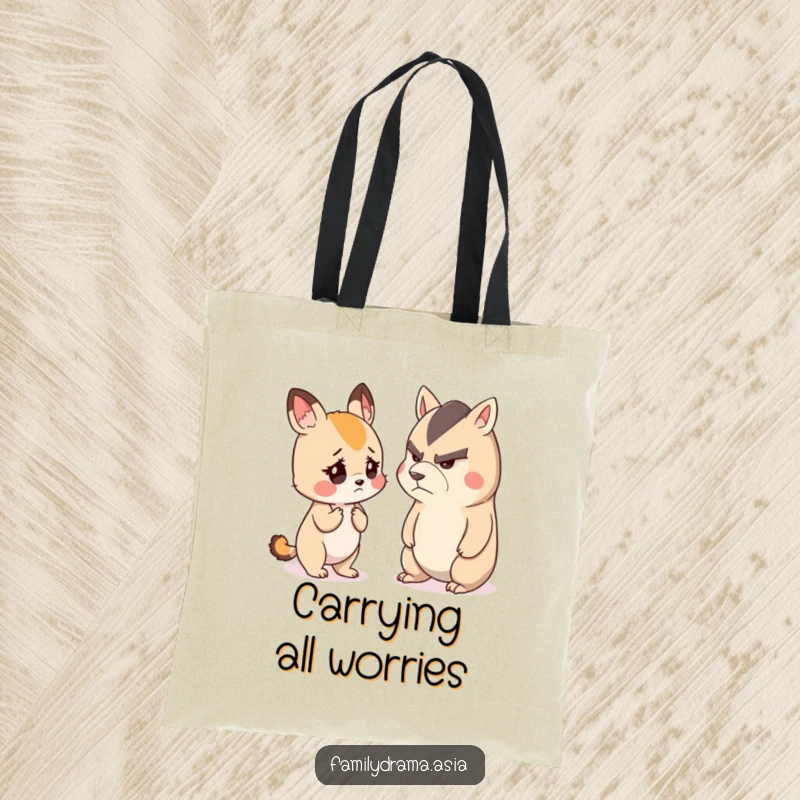 Funny tote bag showing a small, cute animal looking worried while listening to a stern-faced animal, making everyday tasks more enjoyable.