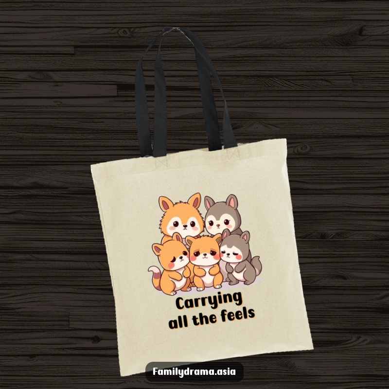 Funny tote bag featuring stylized animals looking concerned about a mild disagreement, ideal for everyday humor.
